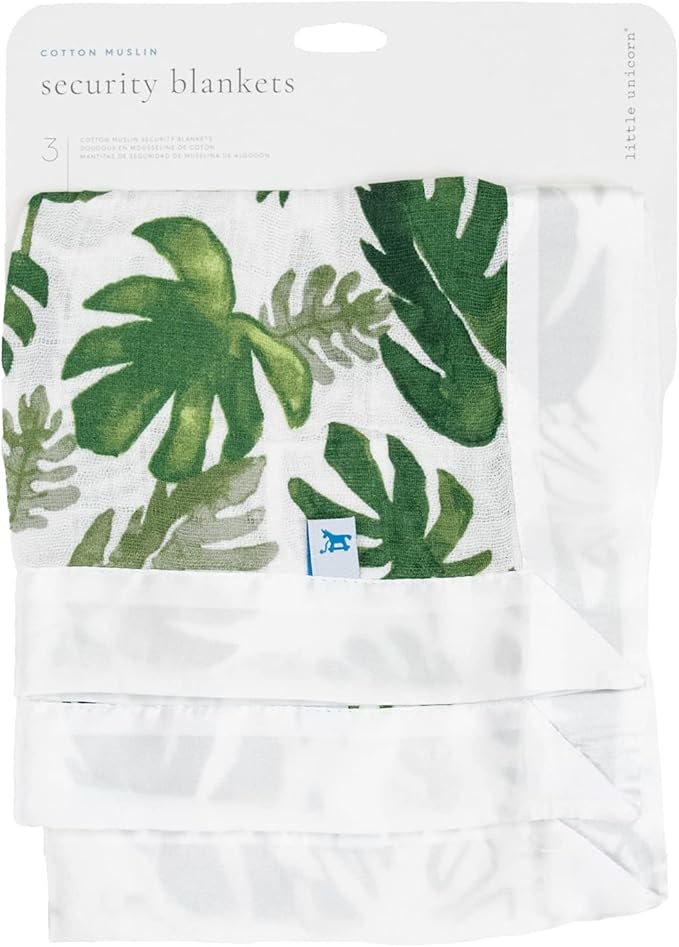 Little Unicorn Security Blankets 3 Pack | 100% Cotton Muslin with Satin Border| Super Soft and Breathable | Baby, Infant, Toddler | Lovey for Boys and Girls | Tropical Leaf