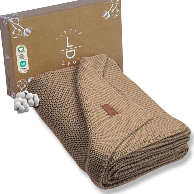 100% Organic Cotton Baby Knitted Blanket with Gift Box - Soft Toddler, Crib, Stroller Blanket - Neutral Swaddle and Receiving Blanket for Newborns, 30"x40", Mocha Meringue