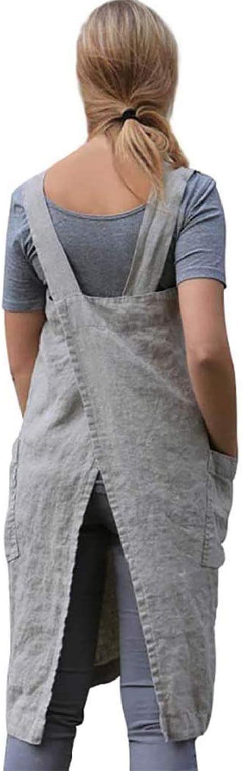 Women's Pinafore Apron Cross Back Apron with Pockets Cotton Linen Apron Dress Plus Size