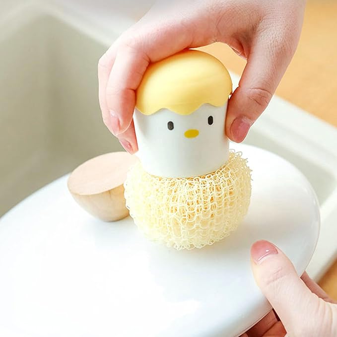 2PC Kitchen Cleaning Brush Eggshell Chicken Dish Potato Vegetable Scrubber Fruit, Cute Cartoon Kitchen Cleaning Scrubbers, Detachable Handle and Fiber Ball, Multipurpose Dish Pot Washing Tool (#2)