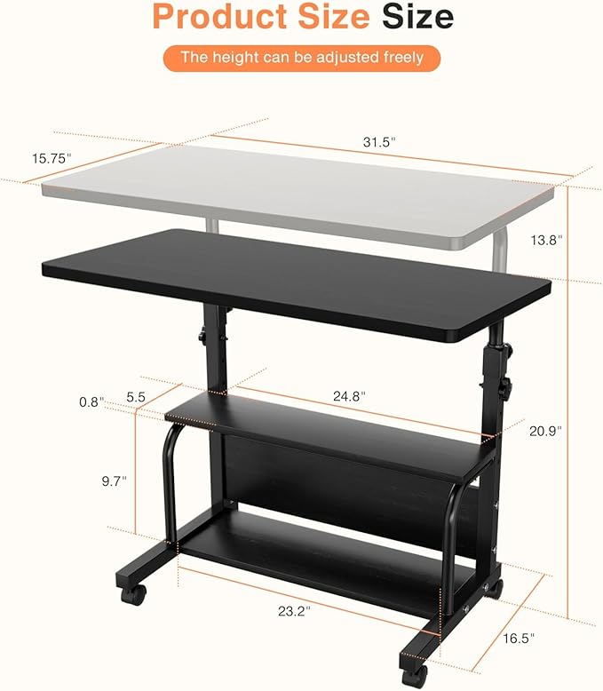 Portable Rolling Desk on Wheels Adjustable Height Desks for Small Spaces, 32" Computer Desk with Storage Shelves for Home Office Black