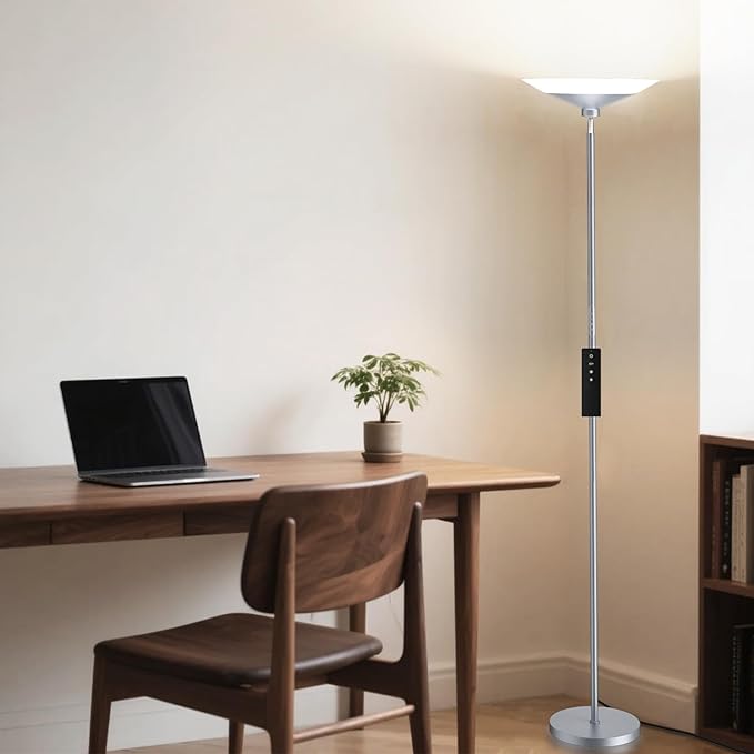 Silver Torchiere Floor Lamp - 30W Dimmable LED Standing Lamp