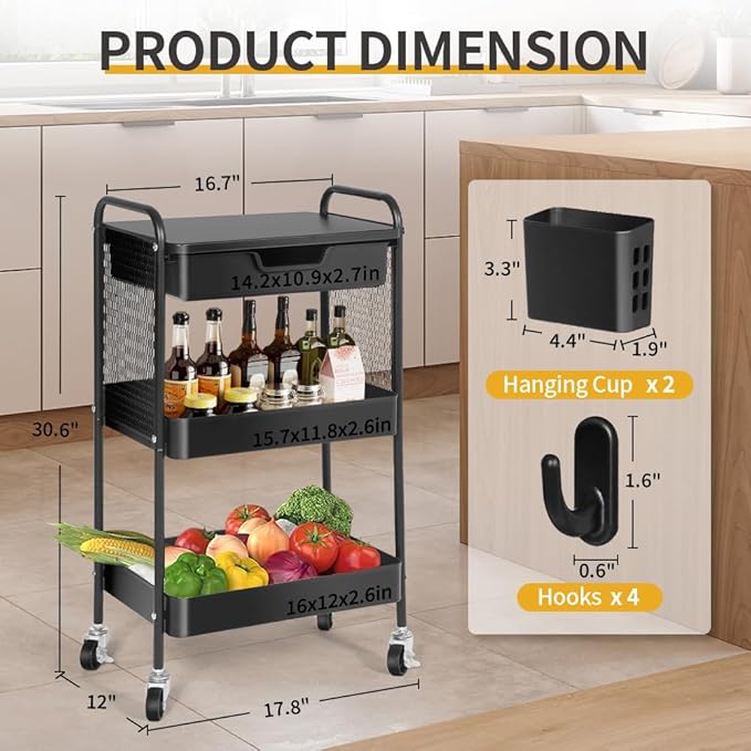 3-Tier Rolling Cart with Drawer, Metal Utility Storage Cart Organizer with Lockable Wheels&Hanging Cups&Hooks, Mobile Storage Craft Carts Trolley with Mesh Shelves for Kitchen, Office-Black