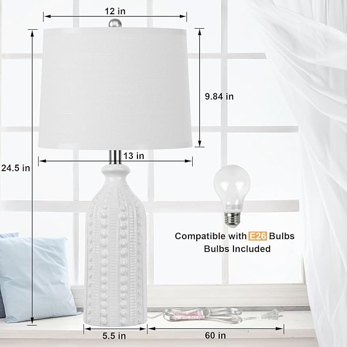 White Ceramic Table Lamp 24.5": 3-Way Dimmable Bedside Lamp