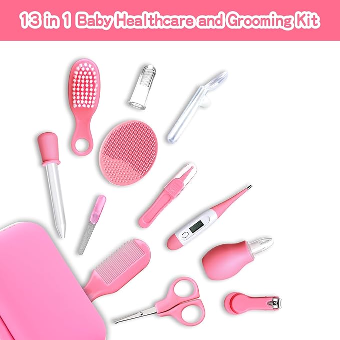 Baby Grooming and Healthcare Kit, Infant Safety Care Set with Hair Brush Comb Nail Clipper Nasal Aspirator,Baby Essentials Kit for Newborn Girls Boys (13 in 1, Pink)