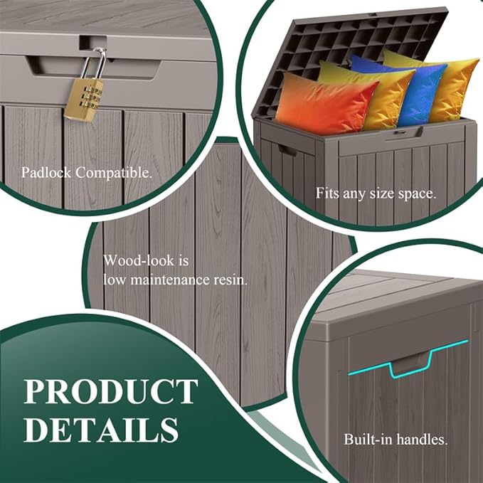 30 GallonOutdoor Storage Box,Resin Deck Boxes Waterproof, IndoorOutdoor Bin for Package Delivery, Patio Cushions, Gardening Tools, Lockable, UV Resistant