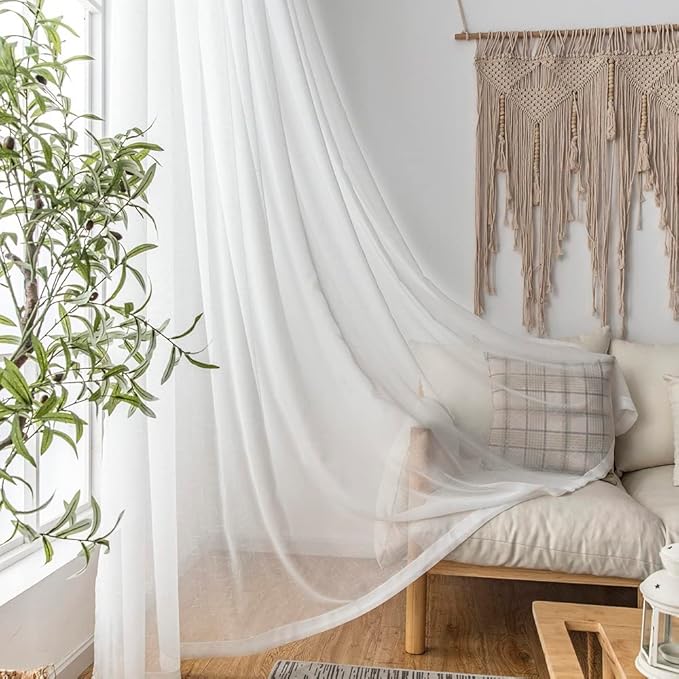 Off White Pinch Pleated Sheer Curtains 90 Inch 2 Panels Custom Long, Thin Textured Linen Look Living Room Drapes Window, Ivory Sliding Glass Door Curtain with Rings & Hooks & Back Tab