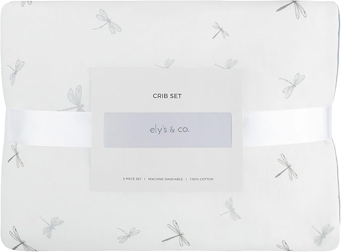 Ely's & Co. Crib Bedding Set for Boys, Toddler Bedding Set, 5 Piece Set - 2 Fitted Crib Sheets/Toddler Bed Sheets, Quilted Comforter and Decorative Pillow with Insert, Dragonfly + Stripe Collection