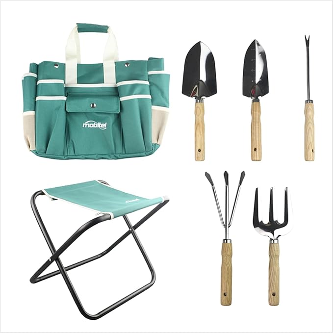 7 Piece Garden Tool Set Including Folding Stool with Tool Bag, All in ONE Gardening Tool Kit Gifts for Women & Men
