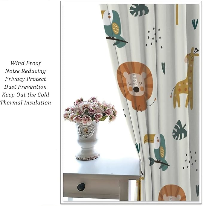 Cute Lion Window Curtains for Kids Bedroom,Cartoon Woodland Jungle Forest Wildlife Little Lion Giraffe Owl Palm Tree Printed Pattern Blackout Drapes for Living Room Baby Nursery Room 52x84in