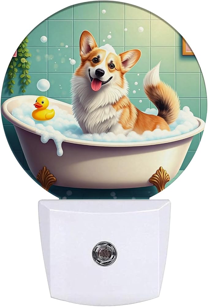 Funny Corgi Bathing Night Light Puppy Lover Night Lights LED Lamp Round Plug