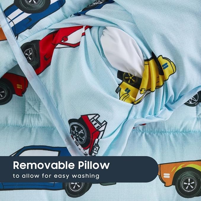 Wake In Cloud - Toddler Nap Mat with Pillow and Blanket, for Kids Boys Ages 3 Plus in Kindergarten Daycare Preschool, Roll Up Sleeping Bag, Race Cars Vehicles
