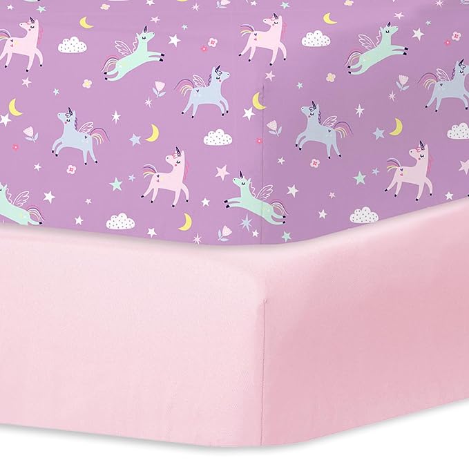 Little Grape Land Crib Sheets 2 Pack for Boys and Girls, Baby Neutral Crib Fitted Sheets for Standard Crib & Toddler Mattress, Super Soft Breathable Fitted Crib Sheet Set, Unicorn