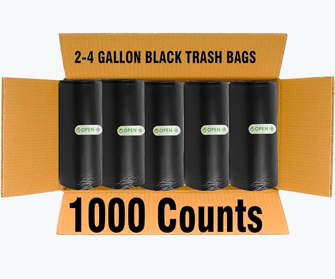 2-4 Gallon Trash Bags, 1000 Count Bulk Value Pack, Black Garbage bags, Small Trash Can Bin Liners for Bathroom, Office, Industrial, Commercial, Janitorial, Municipal, Recycling