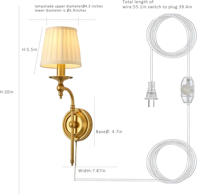 Plug in Dimmable Wall Lamp, Plug-in or Hardwired Installation Wall Sconce