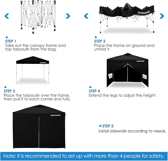 OASISHOME One Push Setup Pop-up Gazebo Portable Canopy Tent 10'x10', with 4 Sidewalls,Wheeled Bag,Waterproof, UV Protection, Heavy-Duty Steel Frame for Patio/Outdoor/Wedding Parties and Events (Black)