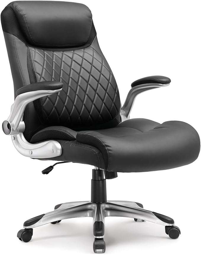 COMHOMA Big and Tall Office Chair, High Back Leather Executive Chair with Pocket Spring Lumbar Support and Flip-up Armrests, Swivel Managerial Office Chair with Adjustable Height， Black