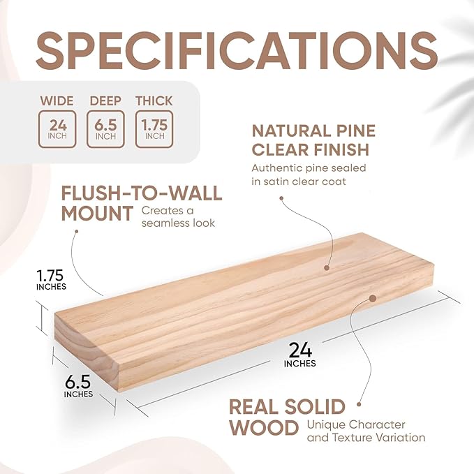 Homeforia 24 inch Natural Floating Shelf, High End Solid Real Wood 24inch Small Floating Shelves for Wall Mounted, Natural Wooden Floating Shelves, Heavy Duty Bracket, 24 X 6.5 X 1.75 in, Set of 2