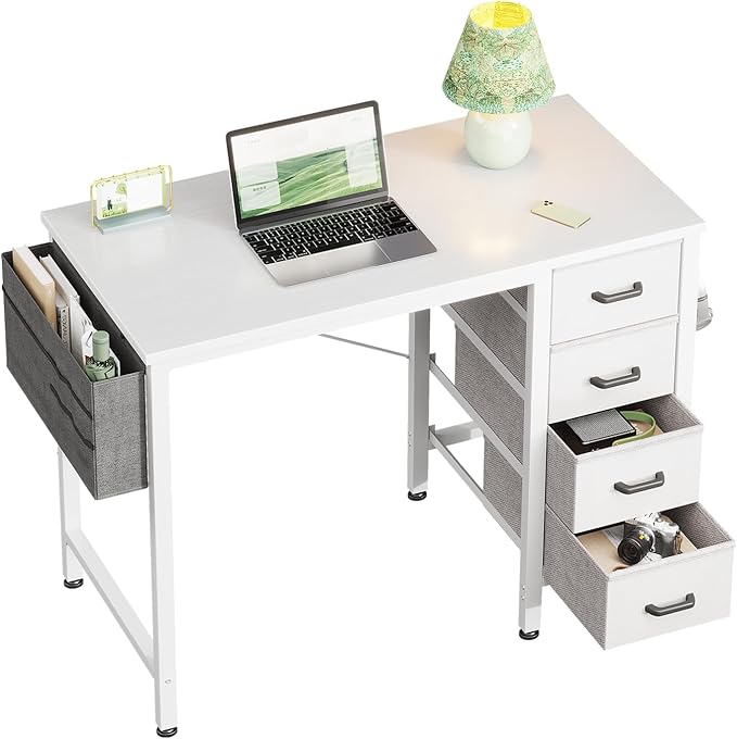 Casaottima 32 inch Small Computer Desk with 4 Fabric Drawers, Side Hook and Cloth Bag, Kids Study Table for Bedroom and Small Space, Pure White