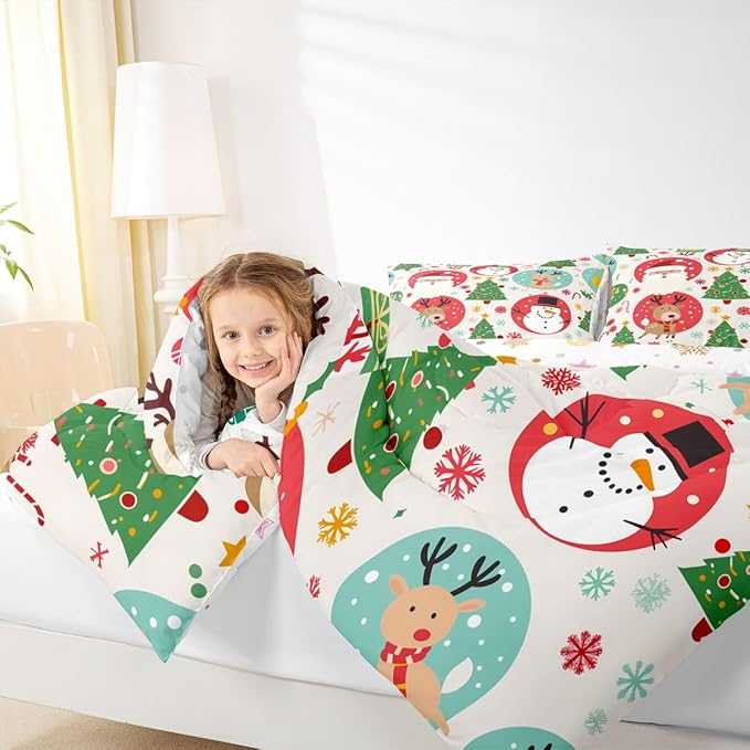 Feelyou Christmas Bedding Set Soft for Boys Girls, Santa Snowman Comforter Set Toddler Size Deer Xmas Tree Duvet Quilt Microfiber Snowflake Bedroom Decor 2 Pcs with 1 Pillow Cases