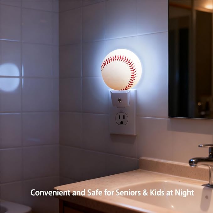 Plug-in Baseball Night Light Classic Red Stitched White Ball Nightlight