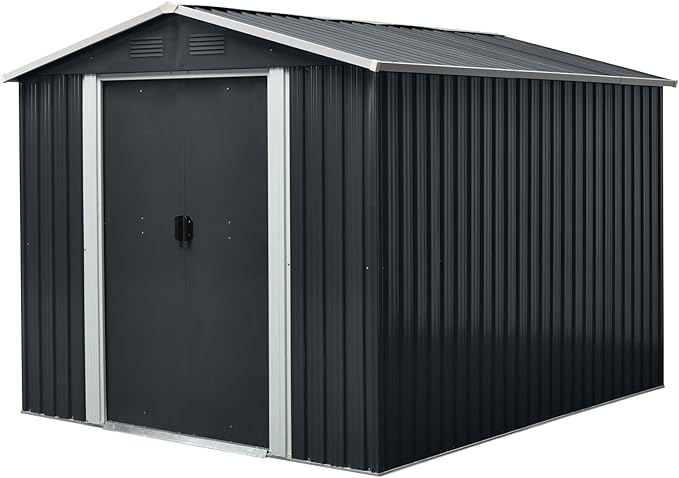 8x10 FT Outdoor Storage Shed, Metal Garden Shed with Frame Floor, Outside Tool Shed with Lockable Sliding Doors, Waterproof Storage Building with Sloped Roof for Backyard, Patio, Lawn, Black