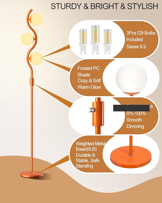 Lightdot 3-Globe Dimmable Floor Lamp Orange Mid Century Modern Standing Lamp