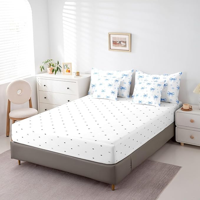 7 Pieces Blue Bowknot Kids Comforter Queen Size,Geometric Dots Bow Tie Patchwork Romantic Bedding Set,Bow Knot Princess Cute White Chic（Comforter+Fitted+Flat+2 Pillowcases+2 Throw Pillow Covers）