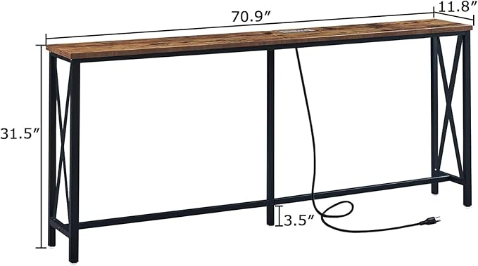 SUPERJARE 70 Inch Console Table with Outlets and USB-C Port, Extra Long Behind Couch Sofa Table with X-Shaped Design, Narrow for Entryway, Living Room, Metal Frame, Wooden Top, Rustic Brown