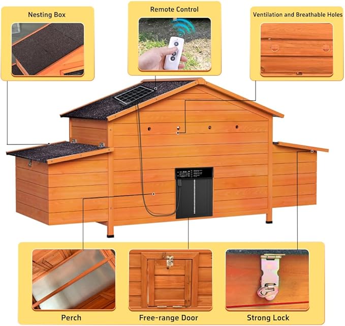 Solar-Powered Automatic Chicken Coop with Weatherproof Cover 2 Nesting Boxes Timer Light Sensor Ventilated Outdoor Poultry Cage with Pull-Out Tray