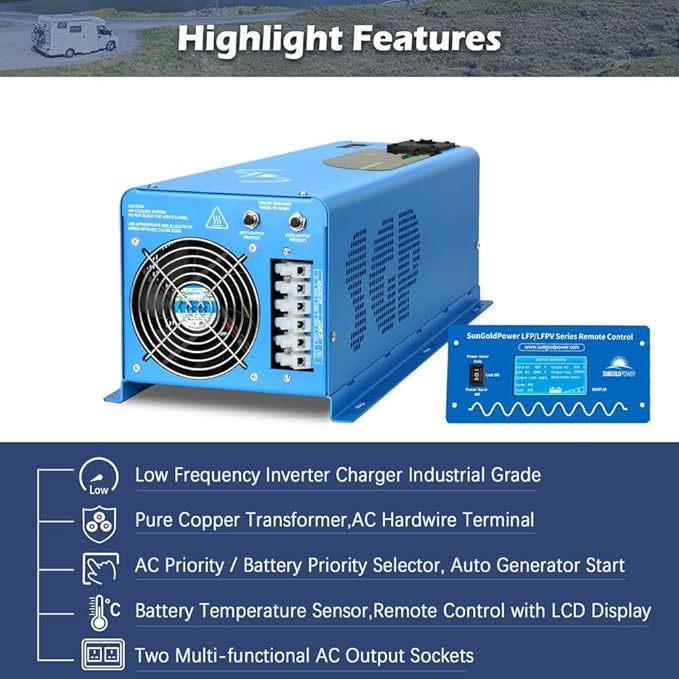 4000W 12V Inverter Charger,Peak 12000W,240Vac Input, 120V/240Vac Output Split Phase,Low Frequency,Pure Sine Wave Inverter, LCD Remote Controller,for Off Grid System(Upgraded Version)