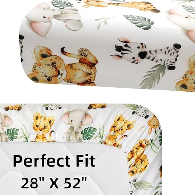 4 Pack Safari Jungle Animals Neutral Unisex Fitted Nursery Baby Sheets Set Toddler Mattress Sheets for Baby Boys or Girls (Crib Sheets)