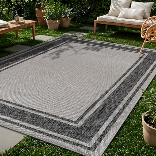 Outdoor Rug 8x10 Modern Bordered Area Rugs for Indoor and Outdoor Patio Deck Porch Garden Waterproof Weather Sun Resistant Washable Outside Carpet (80 Sq Ft)