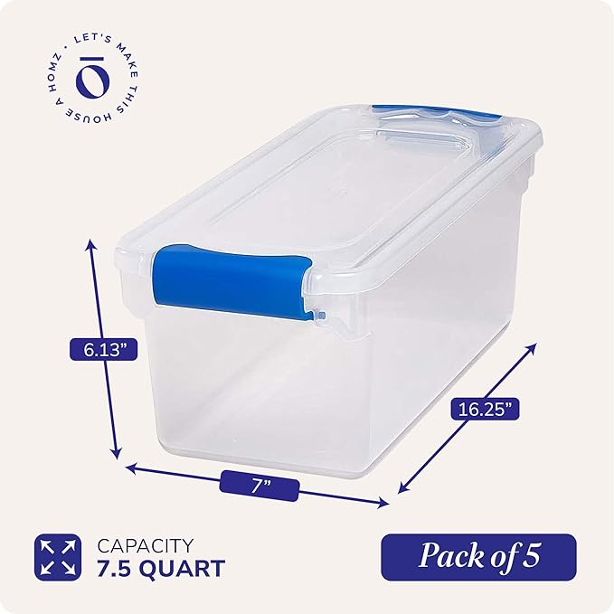 HOMZ 5-Pack Latching Lid, Clear Plastic Storage Organizer Bins, 7.5 Quart, Blue Latch - Stackable Organizing Containers for Home, Garage, and Office