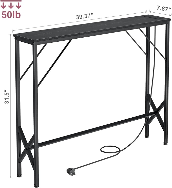 39.4" Console Table, Skinny Entryway Table with Fast-Charging Station, Narrow Long Sofa Table, Behind Slim Couch Table for Entrance, Hallway, Living Room Decor ST-BK100-1