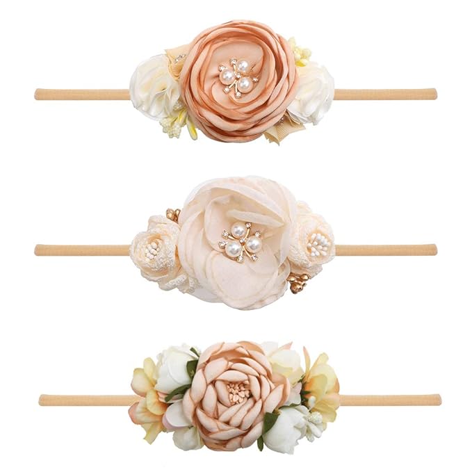 cherrboll 3pcs Baby Girl Flower Headbands, Super Soft & Stretchy Nylon Floral Hairbands for Newborn Toddler