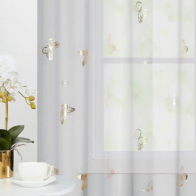 Jubilantex Grey Sheer Curtain with Gold Butterfly Pattern for Kids Room, Linen Textured Rustic Metallic Print 95 Inch Rod Pocket Window Drapes for Girls Bedroom Living Room, 2 Panels