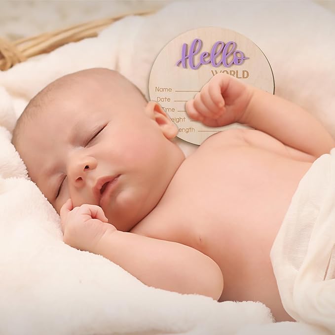Newborn Announcement Sign, 5.9in Wooden Hello World Sign Baby Welcome Sign Birth Baby Name Plaques for Newborn Boys and Girls Photo Props Baby Shower Hospital Nursery (Light Purple)