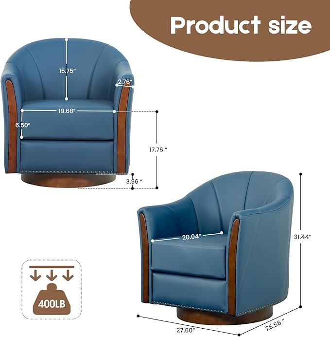 360° Swivel Accent Chair, Modern Leather Barrel Club Chair with Leather Upholstery and Sturdy Wood Base, Comfortable Armchair for Living Room, Bedroom, Reading Nook, Blue