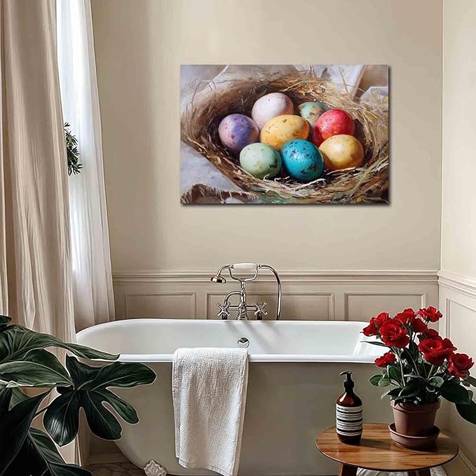 MNFGMH Easter Canvas Watercolor Easter Eggs Spring Art Cute Easter Picture for Living Room and Kitchen Wooden Frame 20x30 inch