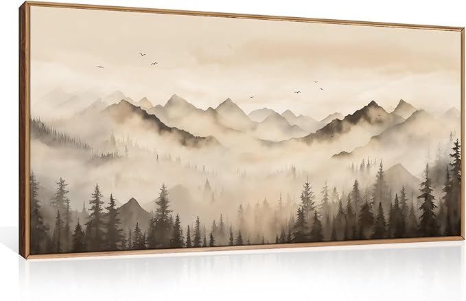 Nature Misty Forest Framed Canvas Wall Art Set, Foggy Landscape Wall Decor, Watercolor Pine Tree Wall Painting, Large Mountains Art Print for Living Room, Bedroom, Office - 20"X40"