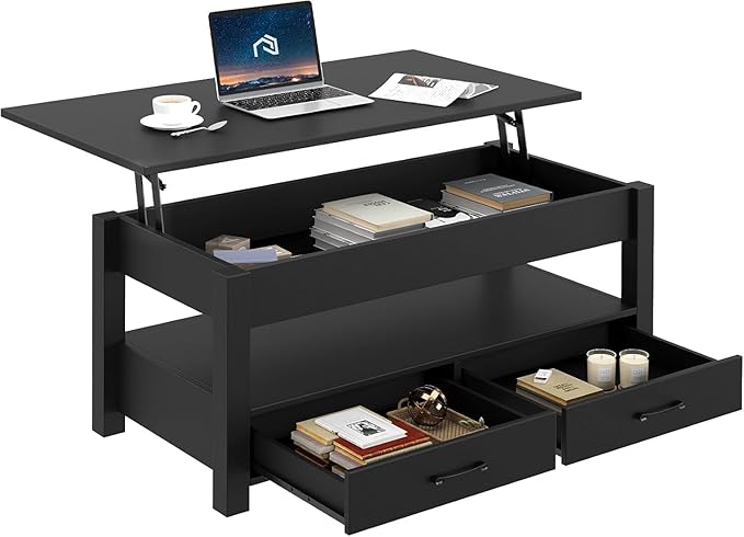 Rolanstar Coffee Table, Lift Top Coffee Table with Drawers and Hidden Compartment, Retro Central Table with Wooden Lift Tabletop, for Living Room, Black