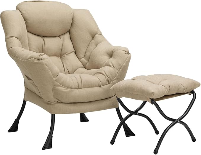 HollyHOME Fabric Lazy Chair with Foldable Ottoman, Accent Comfy Lounge Arm Chair and Folding Footrest Stool Set, Leisure Sofa Reading Chair and Footstool for Living Room, Bedroom, Dorm, Coffee&White