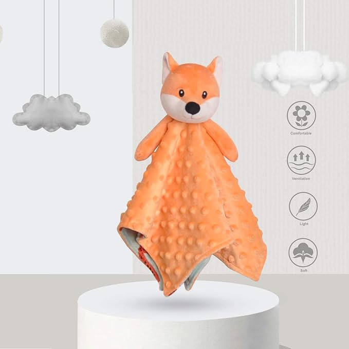 BORITAR Christmas Fox Baby Security Blanket Soft Minky Dot Fabric Lovey Blanket with Cute Woodland Pattern Backing Stuffed Plush Cuddle for Newborn Infant Gifts Orange 14 Inch