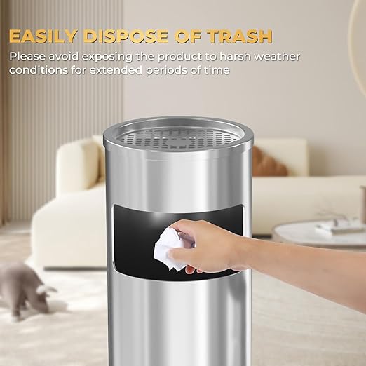 Trash Can Outdoor Waste Container Round Stainless Steel Trash Can with Removable Inner Bucket for Disposal Commercial Waste Container 9.8‘’ x 24‘’- Silver