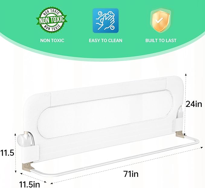 Folding Bed Rail for Toddlers,Baby Bed Rail Guard with Reinforced Anchor Safety System,Fit Bunk,Full Size,Queen,King,Twin(White,71"x23.6")