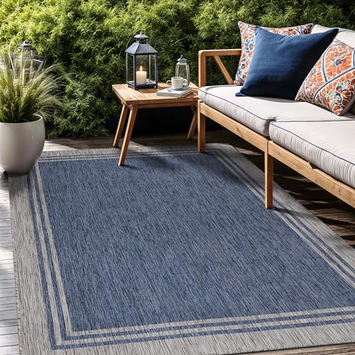 Bordered Outdoor Rug 5x7 Washable Outside Carpet for Indoor Patio Porch Waterproof Easy Cleaning Non Shedding Area Rugs Navy 5 x 7