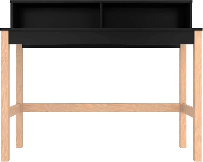 Manhattan Comfort Bowery 47 Inch Mid Century Modern Home Office Desk, Study Table or Entryway Furniture with 2 Cubbies and Rustic Wood Base, 24 inch, Black/Oak