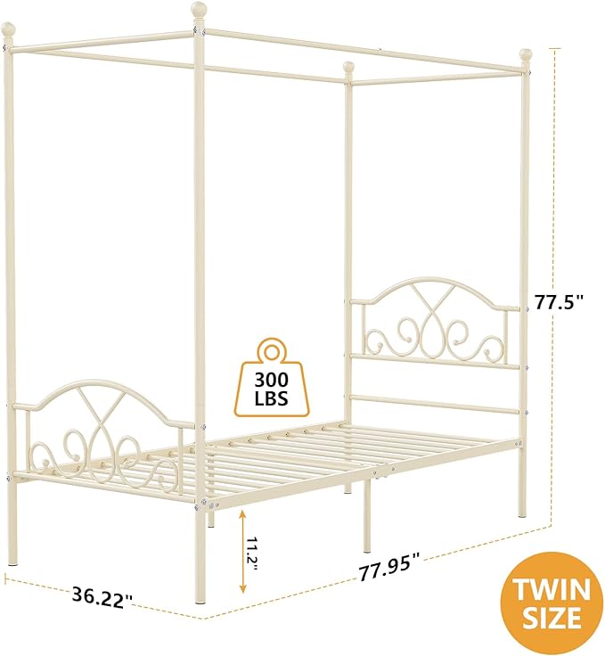 Weehom Princess Canopy Bed Frame with 4 Posters, Sturdy Metal Platform with Headboard&Footboard No Box Spring Needed Twin Size Bed for Kids Girls Adults,Beige White