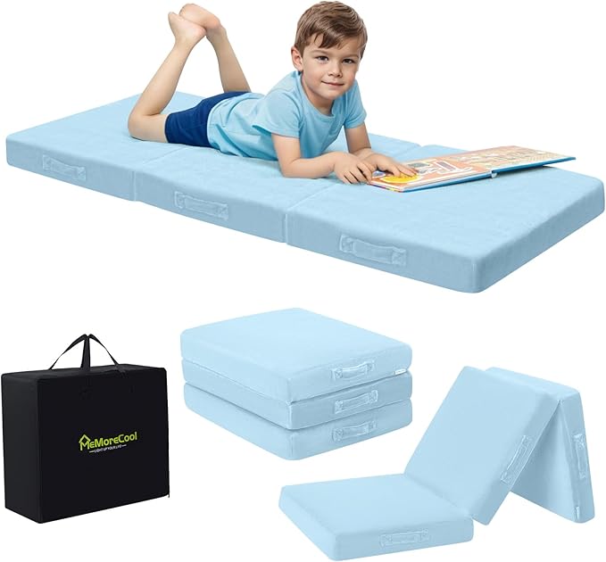 MeMoreCool Foldable Floor Mattress for Kids, Toddler Floor Nap Mat for Sleeping Daycare, Small Child Foldable Mattress Floor Bed, Trifold Futon Portable Tri Folding Mattress, Blue 57x22 Inch